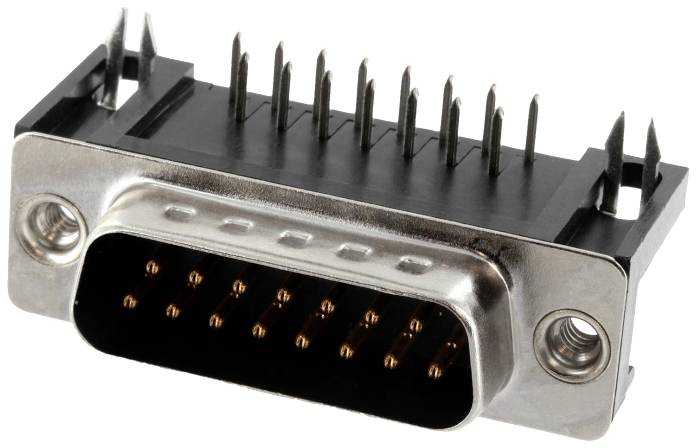 Une fiche DB25 avec 25 broches métalliques et une plaque de fixation métallique pour connecter des appareils.