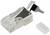 Connecteur RJ45 blindé avec serre-câble pour connexions Ethernet, représenté sur un fond blanc.