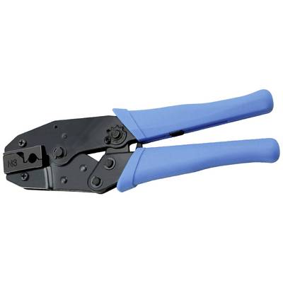 Une pince à sertir avec une poignée bleue, utilisée pour connecter des câbles aux connecteurs. Elle dispose d'une pince en métal noir.