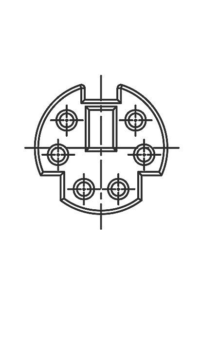 Dessin technique d'un composant semi-conducteur avec six trous de perçage symétriques et un évidement rectangulaire central.