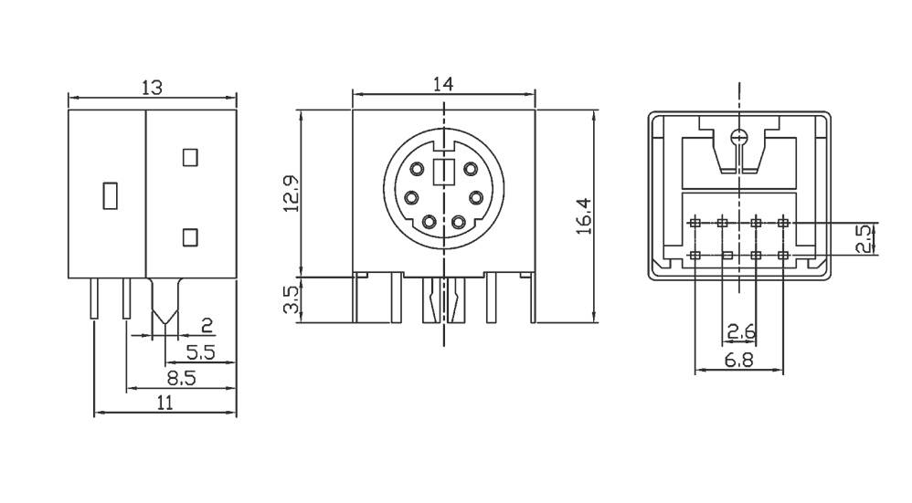Dessin technique d'un connecteur avec des dimensions en millimètres. Les vues de face et de profil présentent les détails et les dimensions du composant.