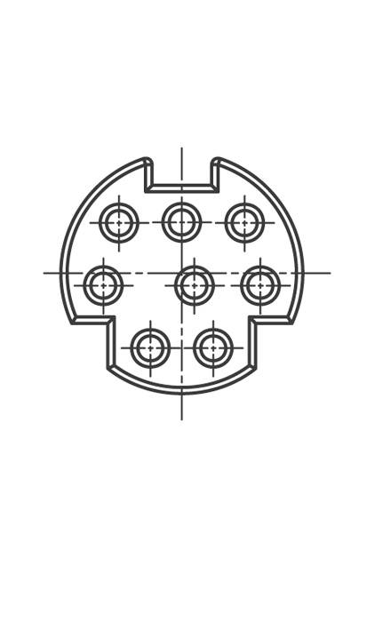 Dessin technique d'un connecteur électrique avec sept points de contact circulaires. Lignes de cotation et de positionnement visibles.