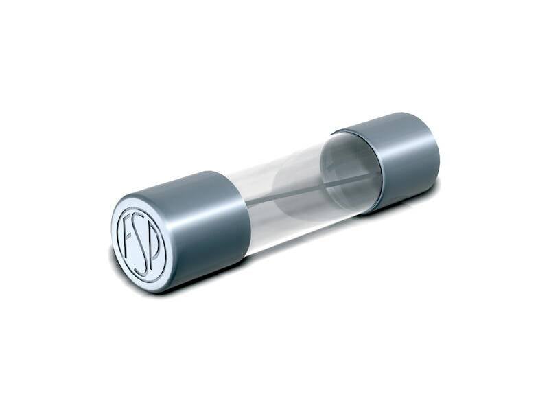 Un fusible en verre transparent avec des embouts métalliques aux deux extrémités. L'une des extrémités porte la marque 'FSP'.