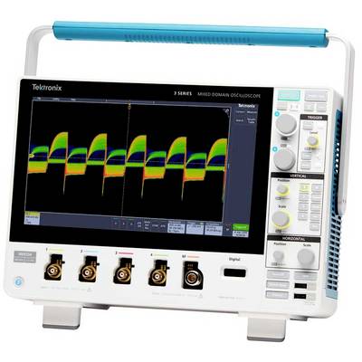 Un oscilloscope affiche des signaux sinusoïdaux sur son écran. Il possède plusieurs commandes et connexions sur sa face avant.