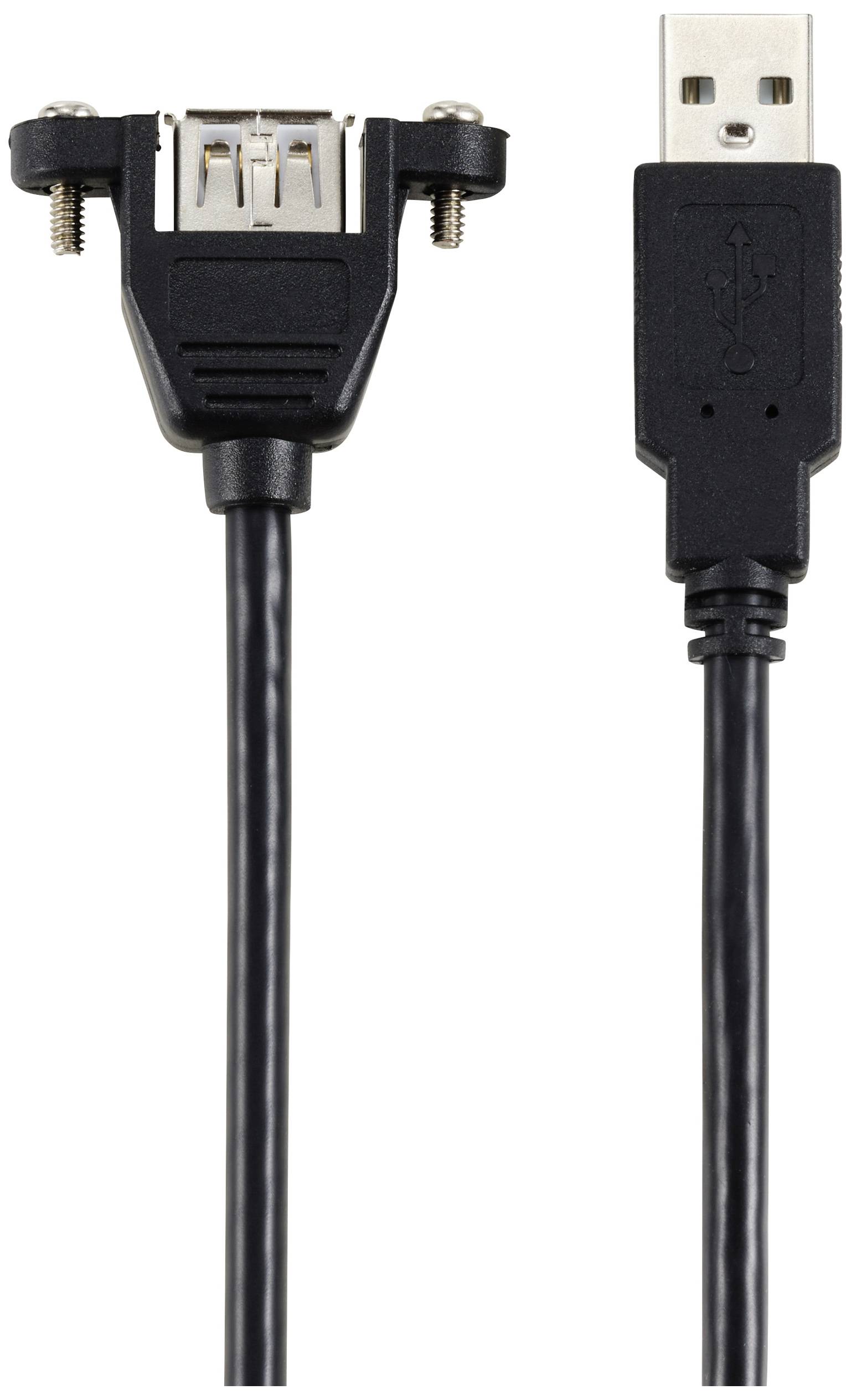Un câble d'extension USB avec une fiche USB d'un côté et un port USB avec fixation par vis de l'autre côté.