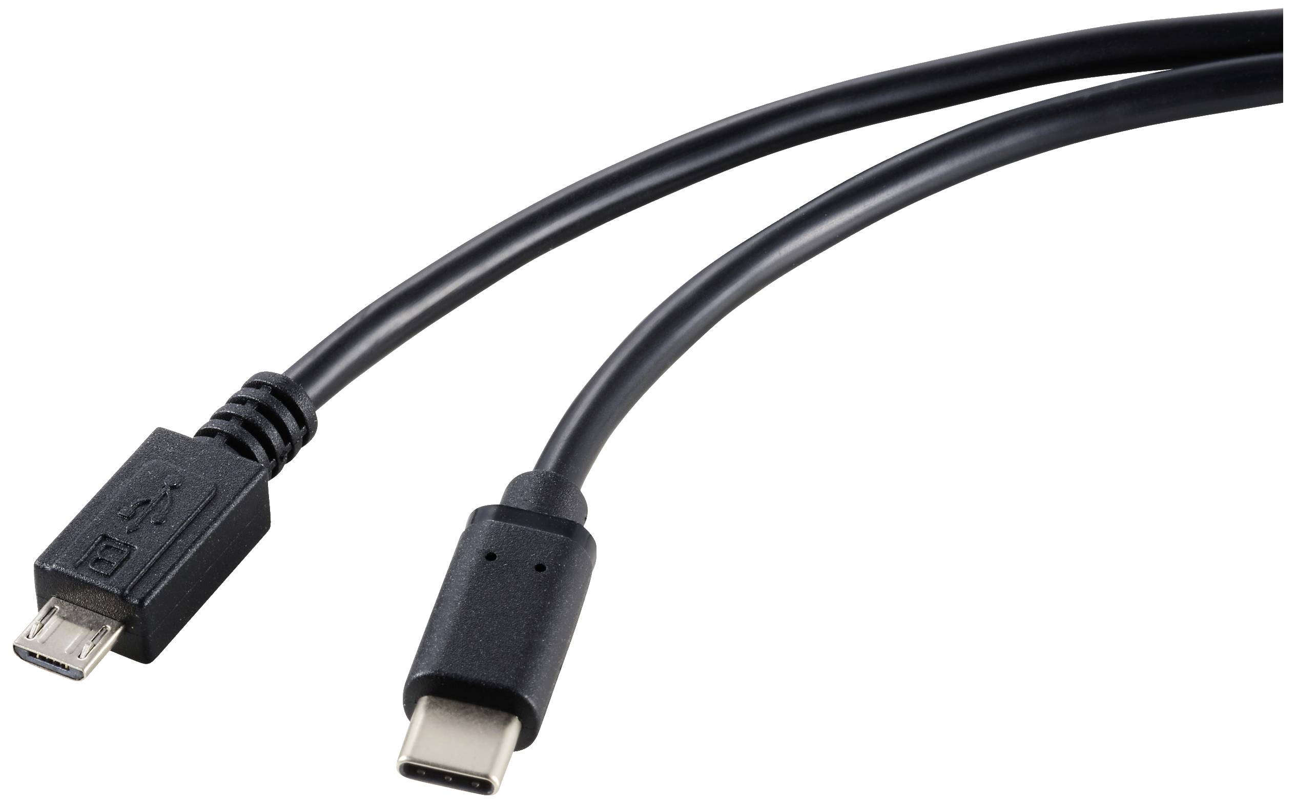 Deux types de câbles : à gauche, une fiche Micro-USB, à droite, une fiche USB-C. Les deux sont noirs et conviennent pour le transfert de données ou la charge.