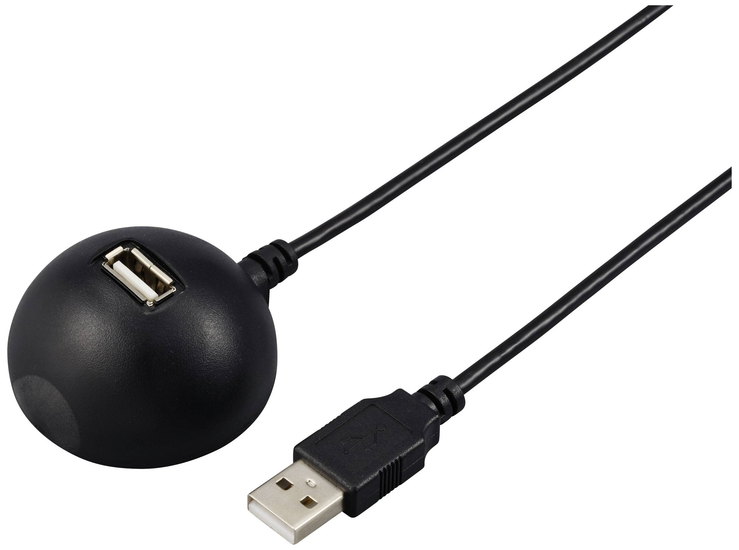 Un répartiteur de câble d'extension USB noir avec un socle de base rond et une fiche USB-A.