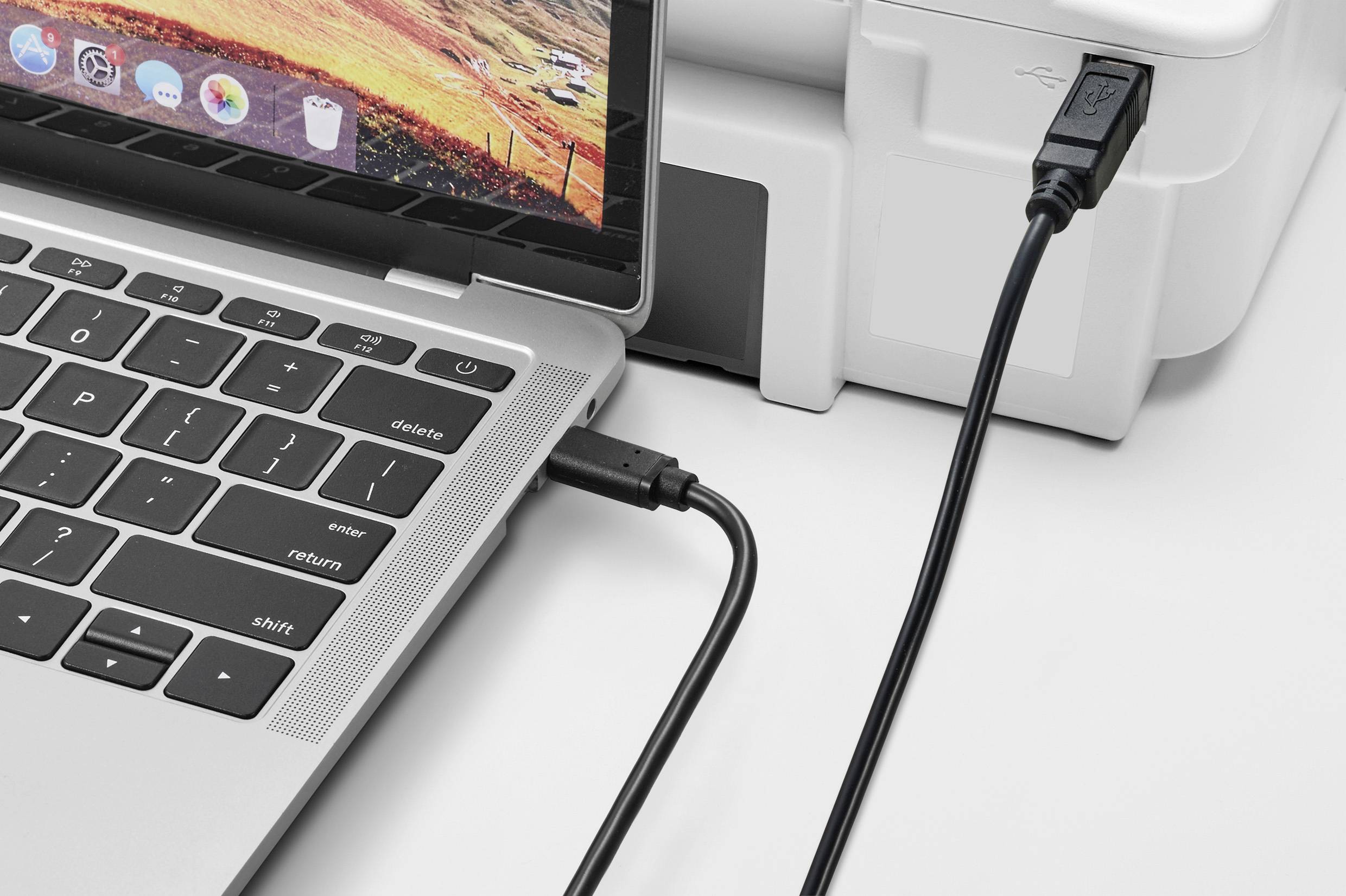 Un ordinateur portable est connecté à une imprimante via un câble USB, prêt à transférer des fichiers ou à imprimer des documents.