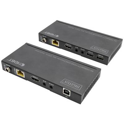 Deux prolongateurs HDMI noirs avec des ports pour Ethernet, HDMI, USB et câble d'alimentation. Appareils destinés à la transmission de signaux sur de longues distances.