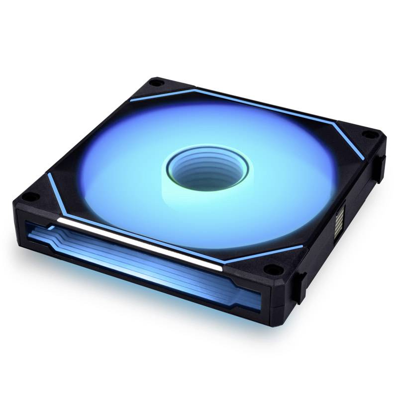 Un ventilateur d'ordinateur carré lumineux avec un éclairage LED bleu, représenté dans une forme moderne et stylisée.