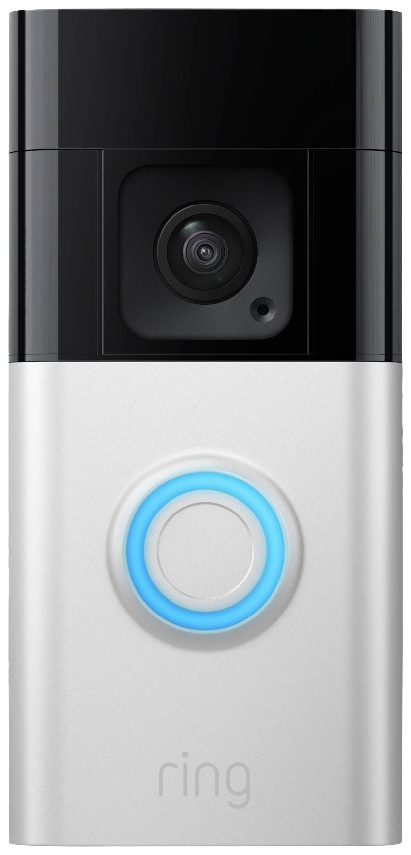 Sonnette de porte vidéo argentée avec caméra et bouton bleu lumineux au centre.