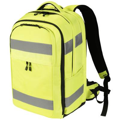 Sac à dos jaune avec des bandes réfléchissantes, sangles rembourrées en noir. Adapté pour une visibilité nocturne.