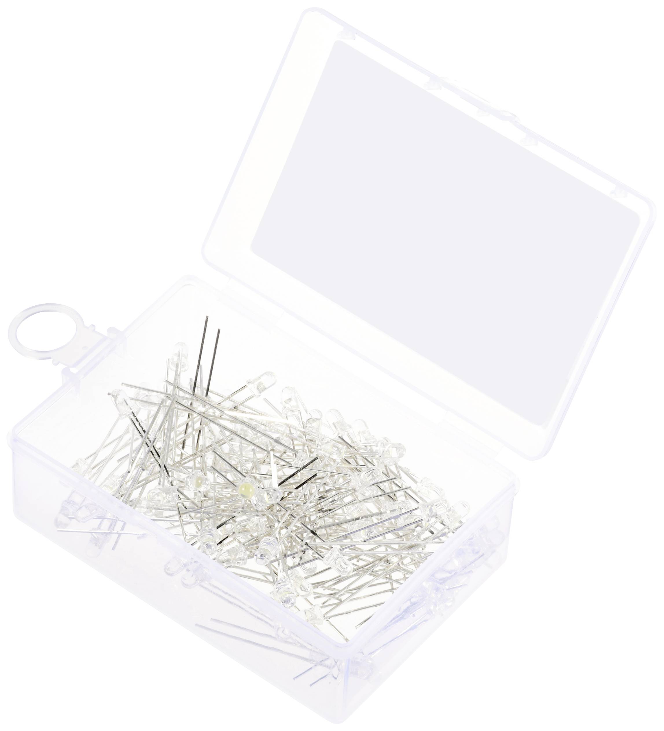 Boîte en plastique ouverte contenant plusieurs épingles transparentes.