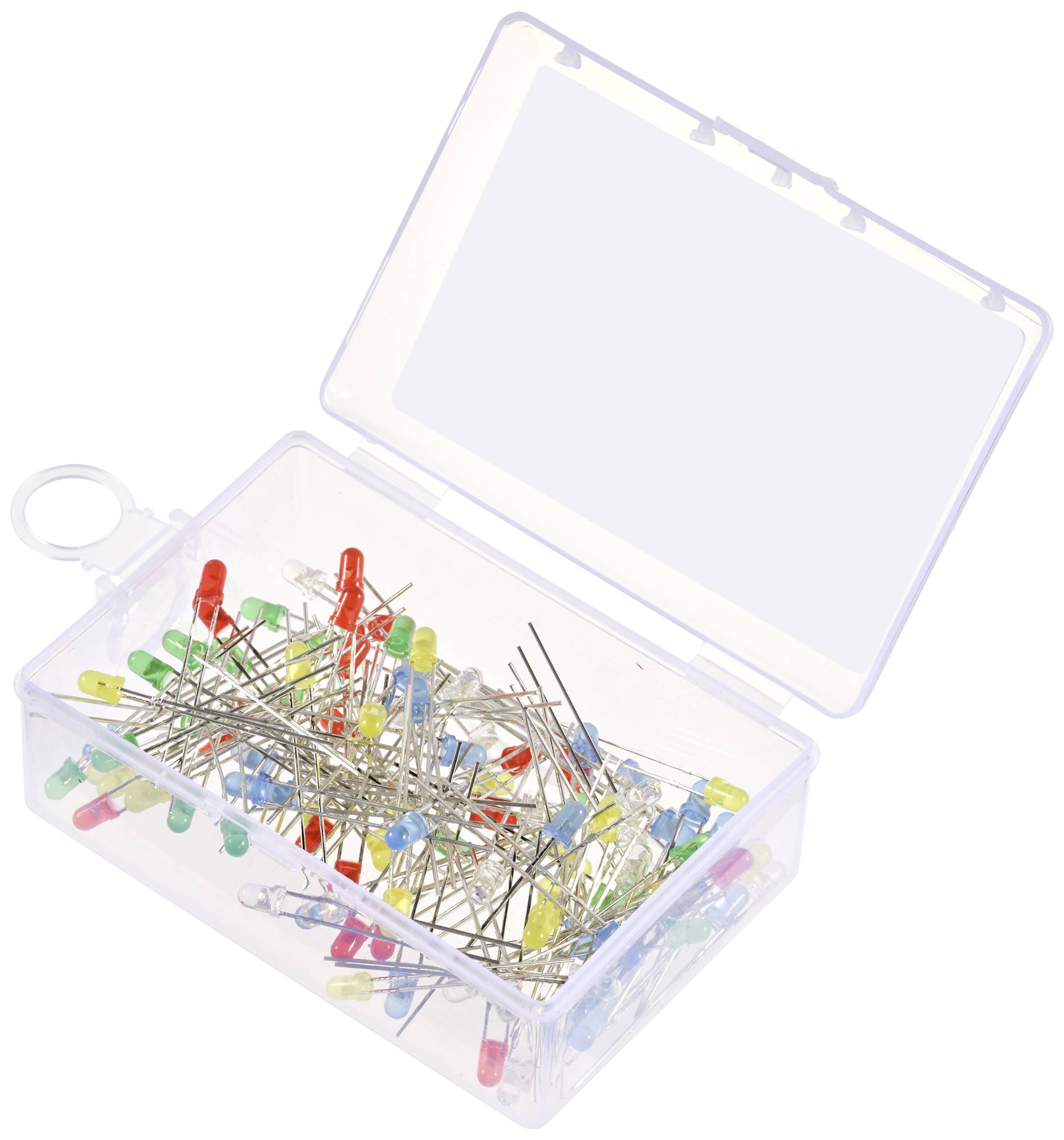 Une boîte en plastique transparente contenant des épingles de couleur. Le couvercle est ouvert.