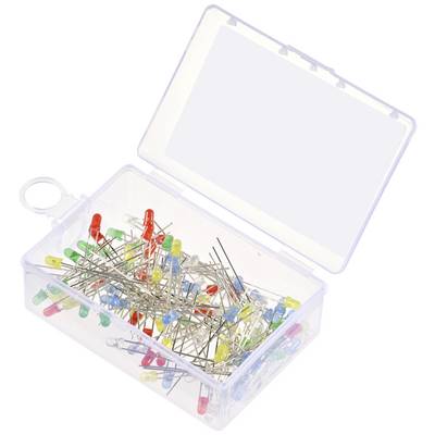 Une boîte en plastique transparente contenant des épingles de couleur. Le couvercle est ouvert.