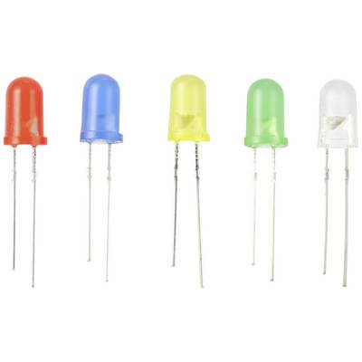 Cinq LED de différentes couleurs (rouge, bleu, jaune, vert, transparent) avec des broches longues, disposées côte à côte en ligne.
