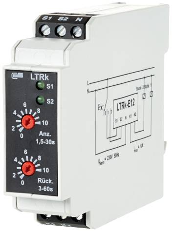 Un relais temporisé avec désignations : 'LTRk-E12', interrupteurs S1 et S2. Temps réglables : mise en marche 1,5–30 s, retombée 3–60 s. Schéma des connexions.