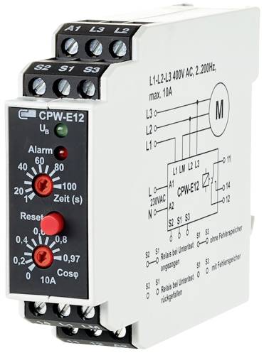 Module de relais électrique avec affichage, boutons de réglage d'alarme et de temps, et bornes de connexion en haut et en bas.