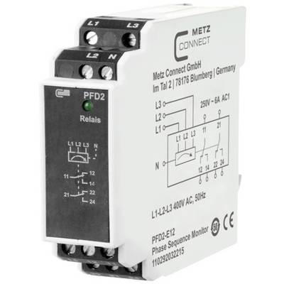 Relais de surveillance de séquence de phase monophasé, modèle PFD2, de METZ CONNECT. Adapté pour 250V~6A AC1, avec schéma de câblage sur la face avant.