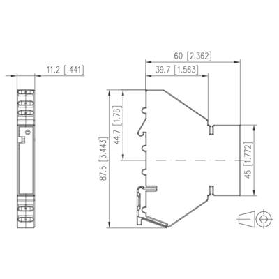 Dessin technique avec dimensions d'un petit module électronique montrant les vues de côté et de face avec les mesures en millimètres et en pouces.