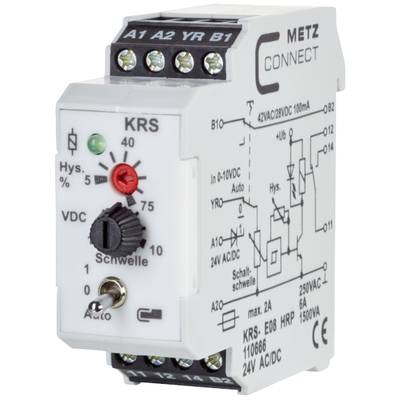Modèle d'un relais électrique de Metz Connect, montrant des bornes pour les connexions, une échelle pour les réglages de tension et des diagrammes techniques.