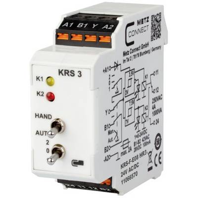 Relais inverseur à deux LED et interrupteur à bascule. Étiqueté avec schéma et caractéristiques techniques : 'KRS 3', Metz Connect GmbH, 24V AC/DC.