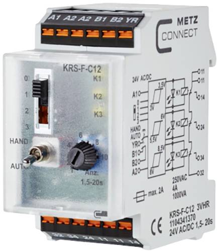 Un relais industriel de METZ CONNECT avec le numéro de modèle 'KRS-F-C12', plusieurs bornes de connexion et un commutateur pour un contrôle manuel.