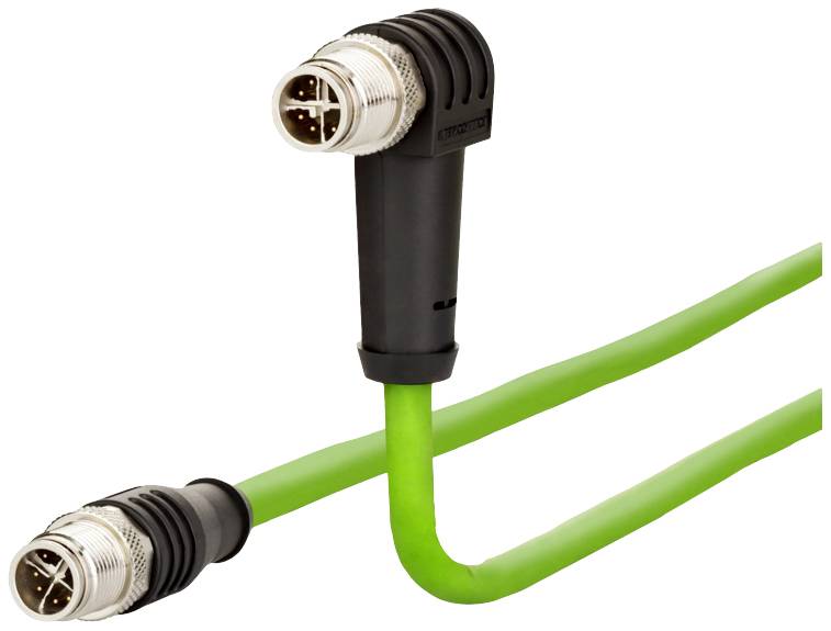 Deux connecteurs industriels avec un câble vert, l'un d'entre eux étant coudé en forme de L. Utilisés pour des connexions électriques robustes dans les machines.