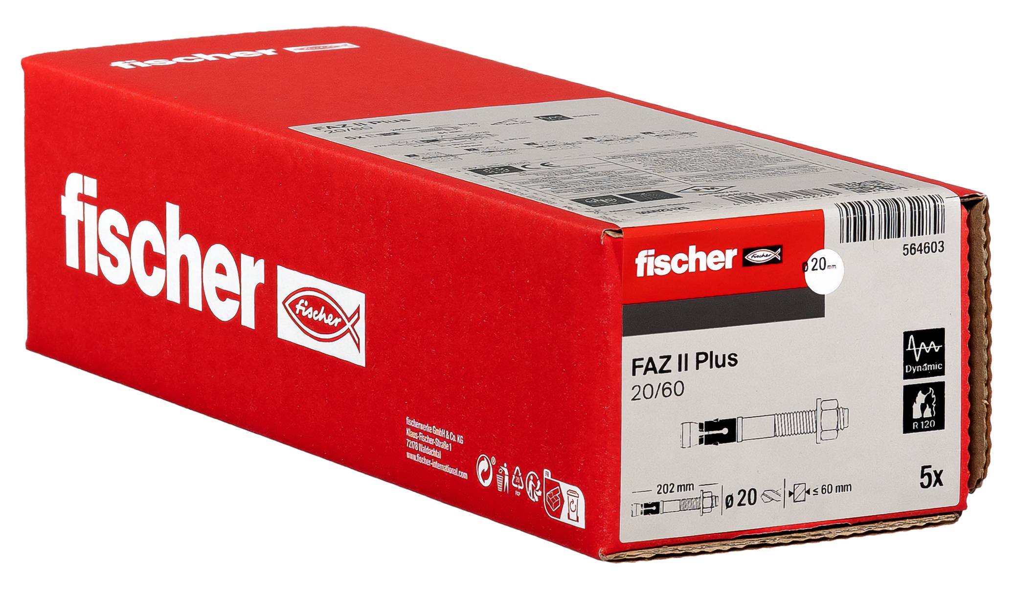 Boîte d'ancrage Red Fischer FAZ II Plus portant l'étiquette « FAZ II Plus 20/60 » avec des schémas de produits et une indication de quantité « 5x » sur la face avant.