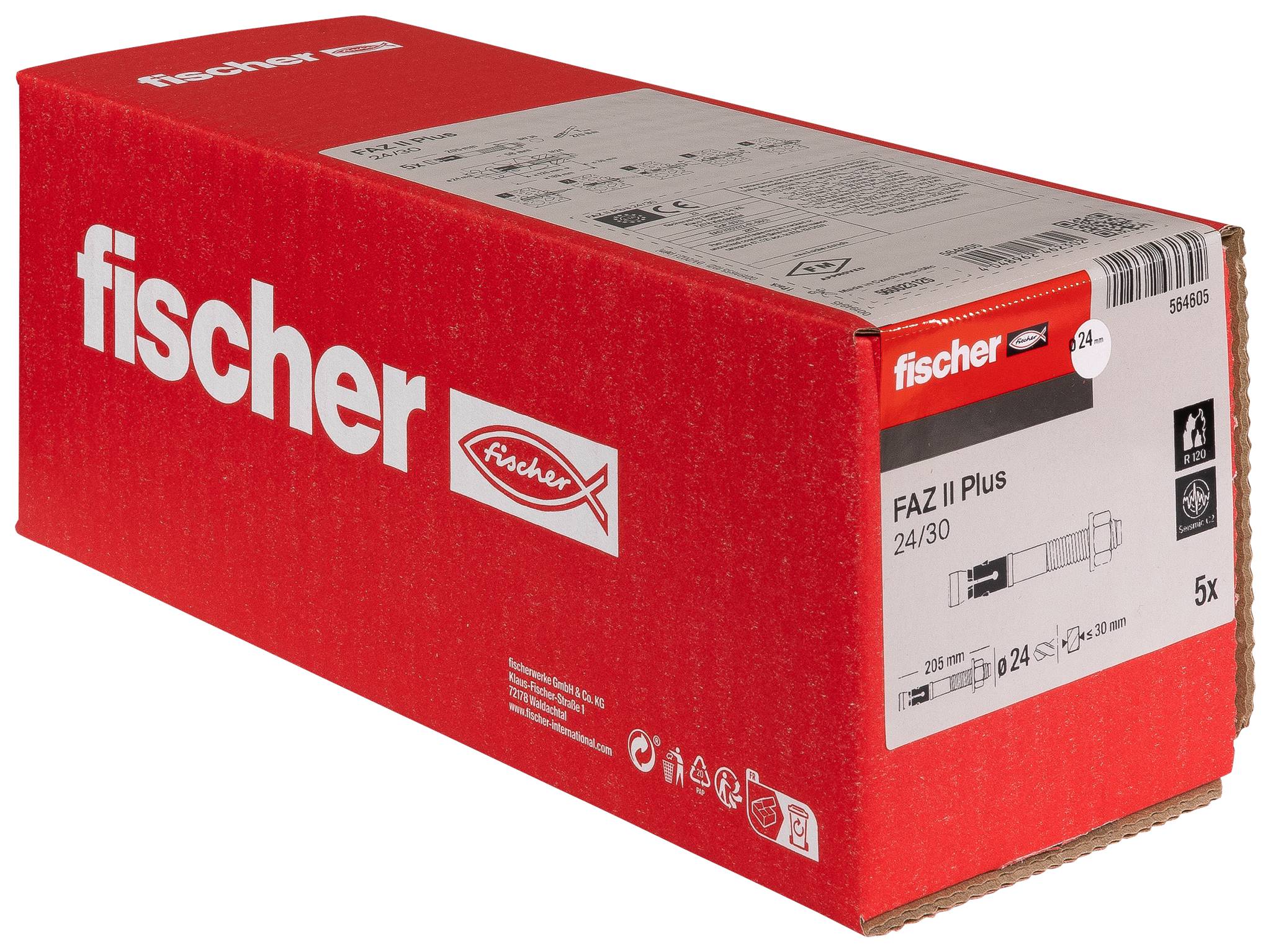 Boîte rouge Fischer de chevilles Fischer FAZ II Plus, étiquetée « 24/30 » et « 5x », présentée sur fond blanc.