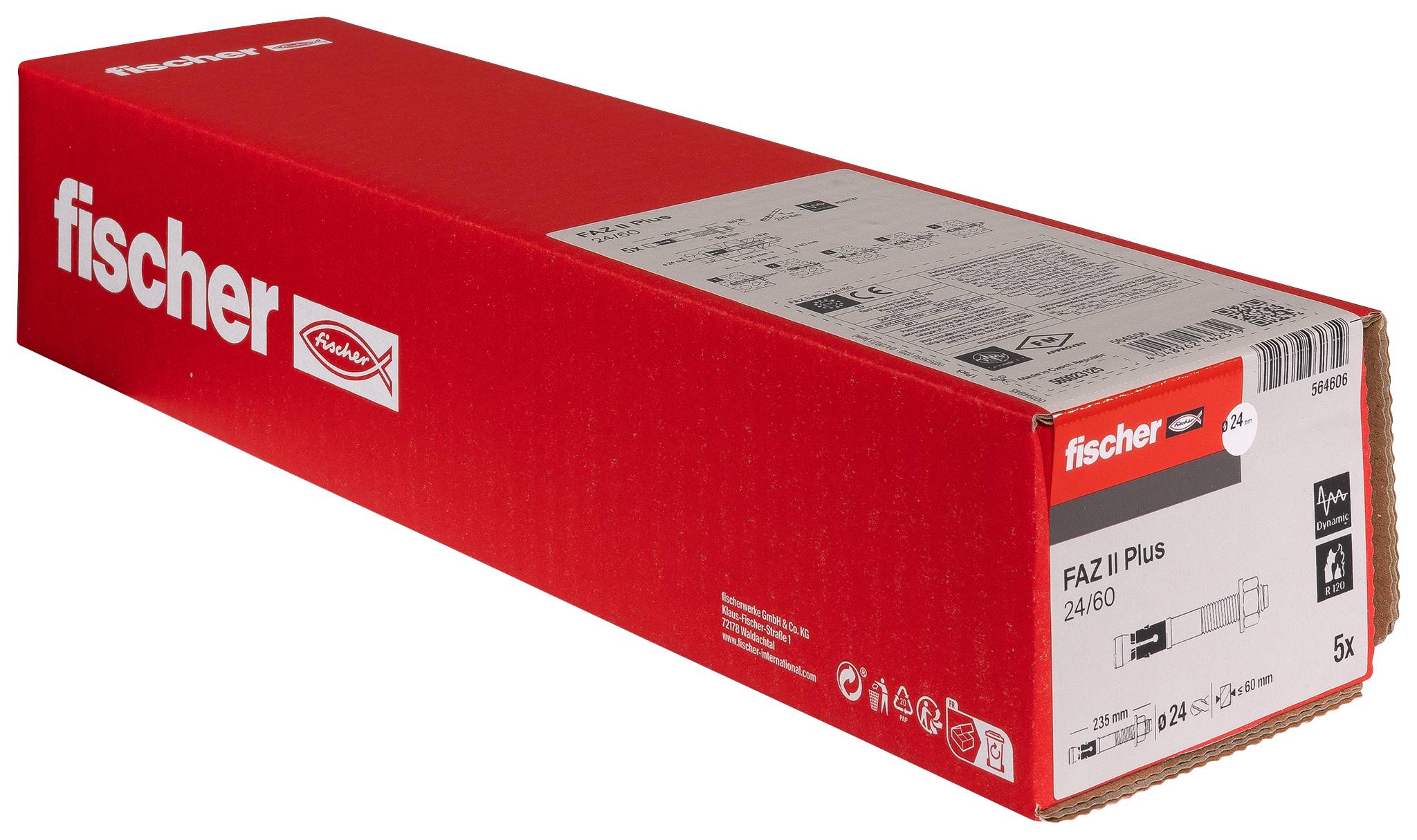 Boîte de produit Red Fischer portant les étiquettes « fischer » et « FAZ II Plus 24/60 », présentée sur un fond blanc.
