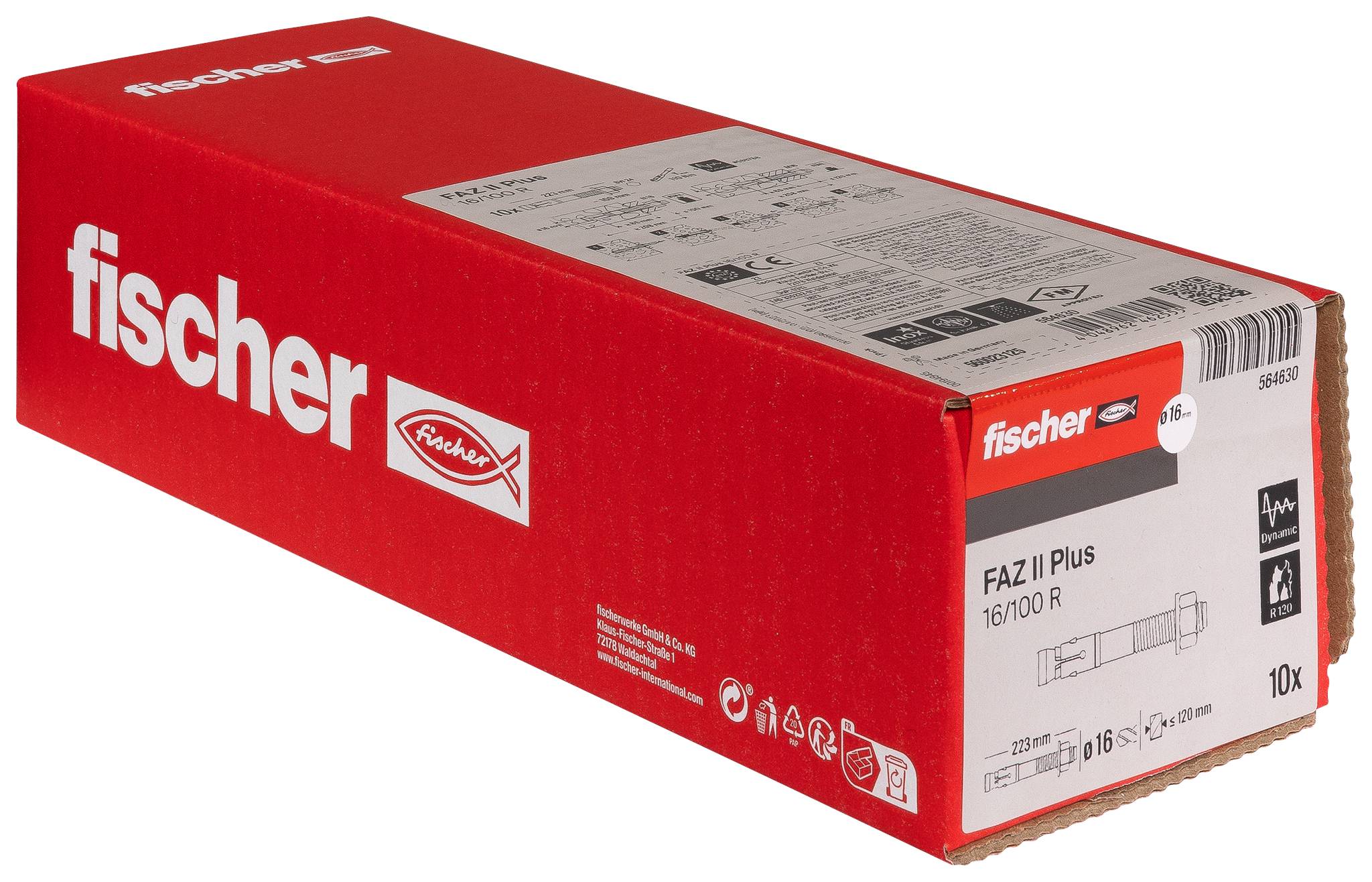 Boîte rouge Fischer de chevilles FAZ II Plus, étiquetée 16/100 R, paquet de 10x, présentée sur fond blanc.