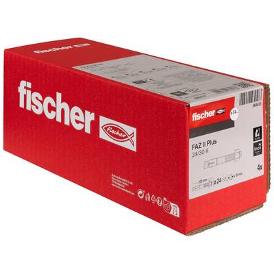 Boîte de produit Red Fischer portant les étiquettes « fischer » et « FAZ II Plus 24/30 R » sur un panneau d'extrémité blanc, présentée sur un fond uni.