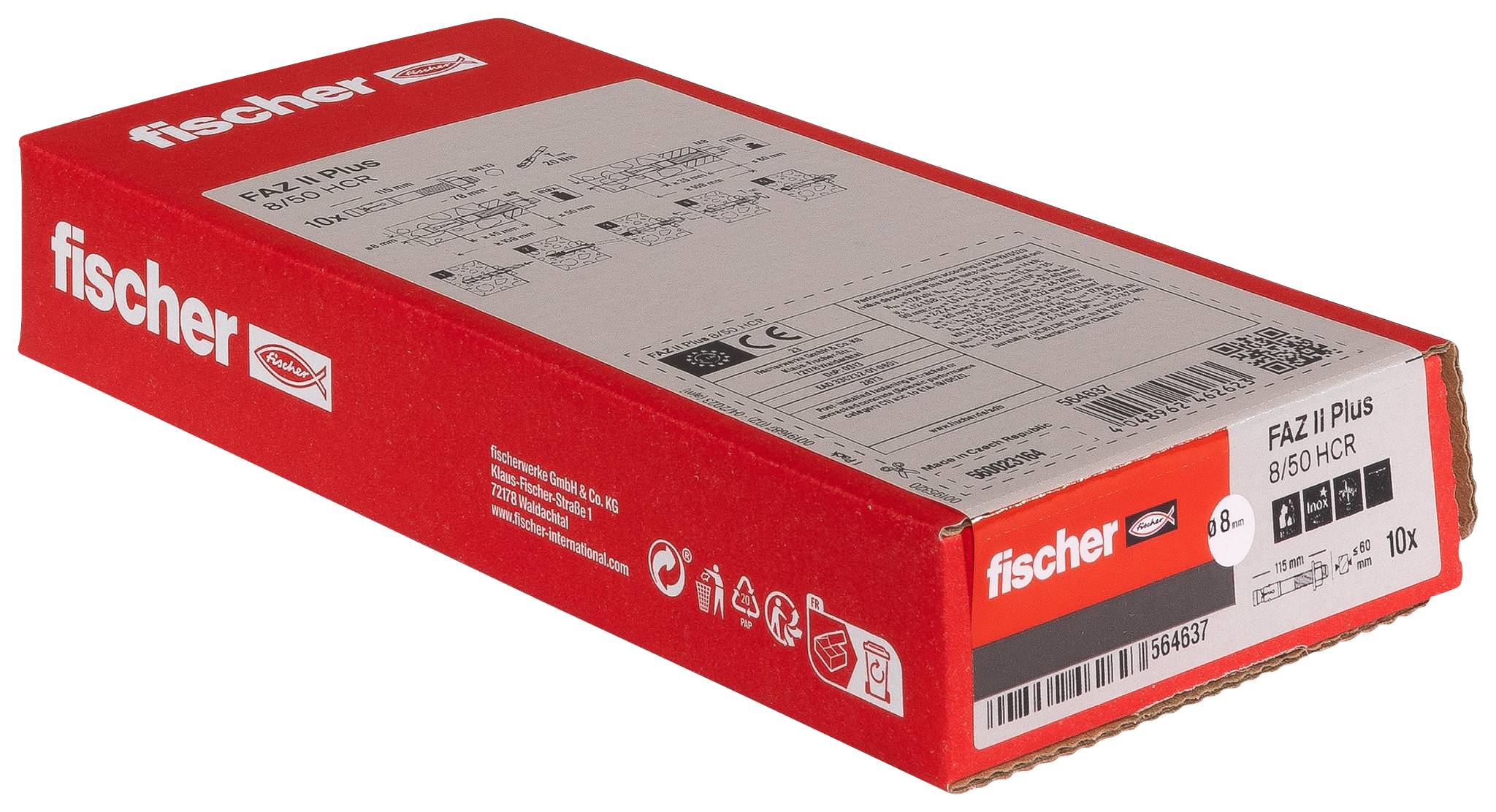 Boîte Red Fischer de fixations FAZ II Plus B8-10 HCR sur un fond blanc, présentée dans son emballage de produit avec étiquettes et code-barres.