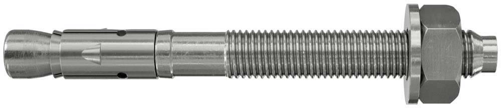 Une tige d'ancrage métallique filetée, avec écrous et manchon, utilisée pour la fixation sur des murs ou des surfaces solides.