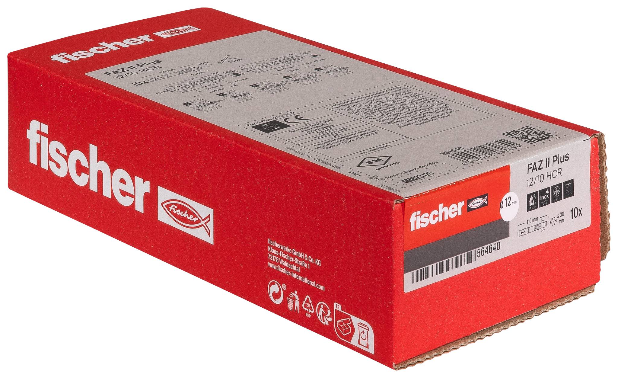 Boîte en carton rouge Fischer pour chevilles d'ancrage fischer FAZ II Plus, présentée en perspective avec étiquettes de produit et code-barres.
