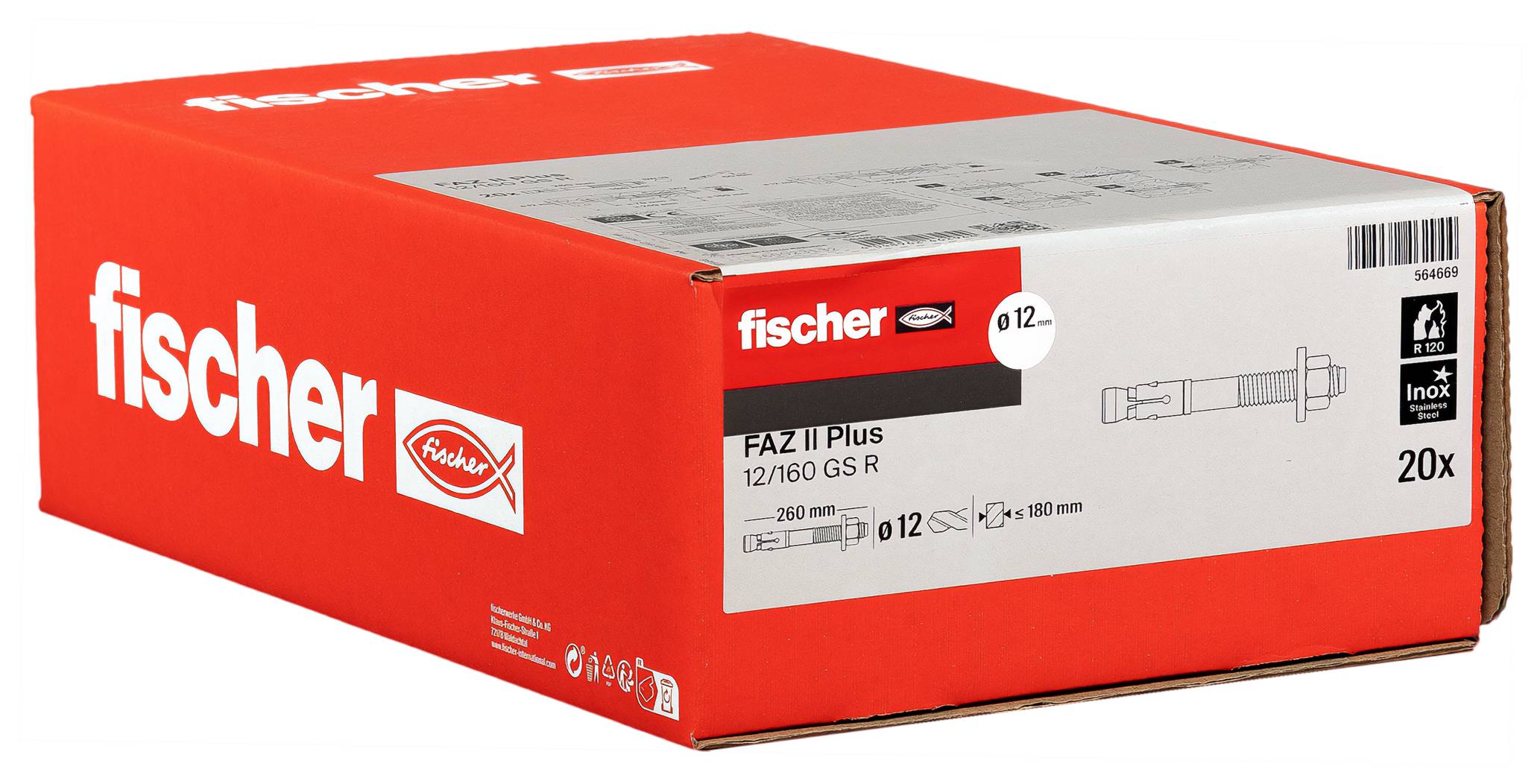 Boîte de chevilles d'ancrage Fischer Red Fischer FAZ II Plus, étiquetées 12/160 GS R, 20x.