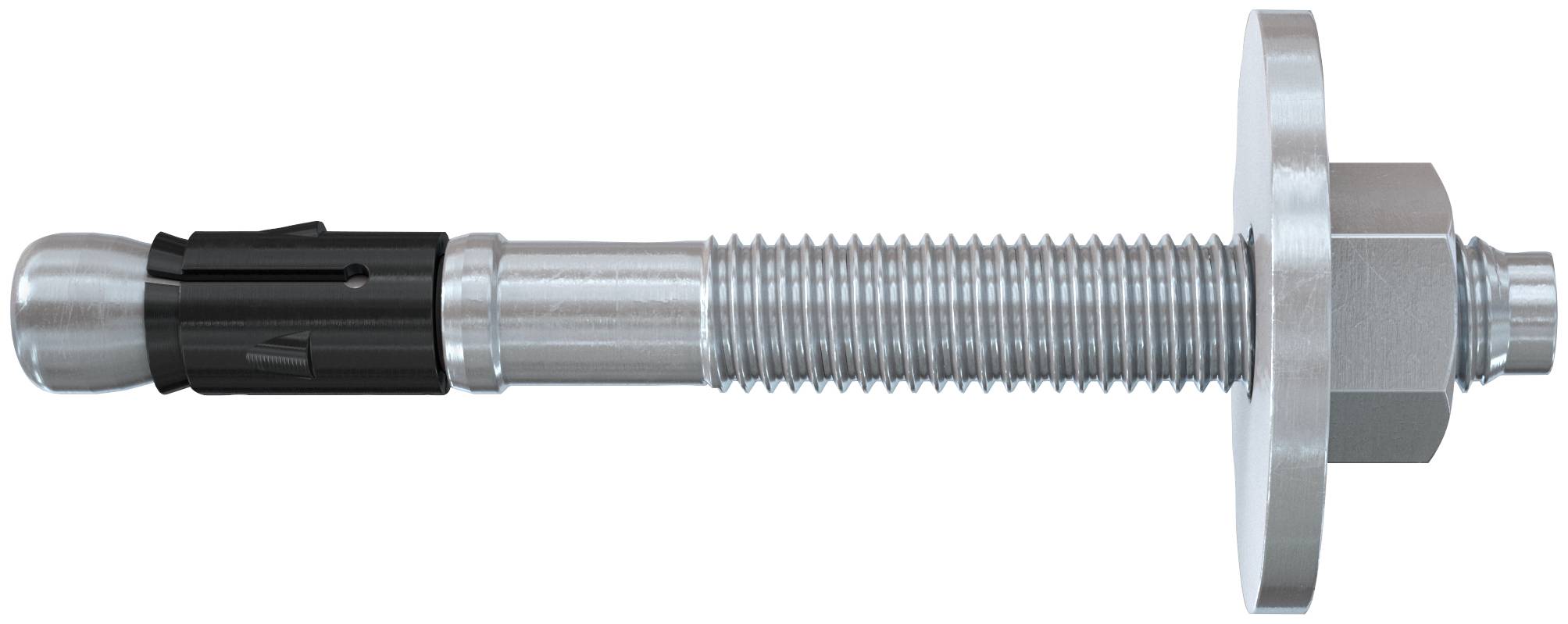 Boulon d'ancrage à expansion métallique avec tige filetée, écrou hexagonal et rondelle sur fond blanc.