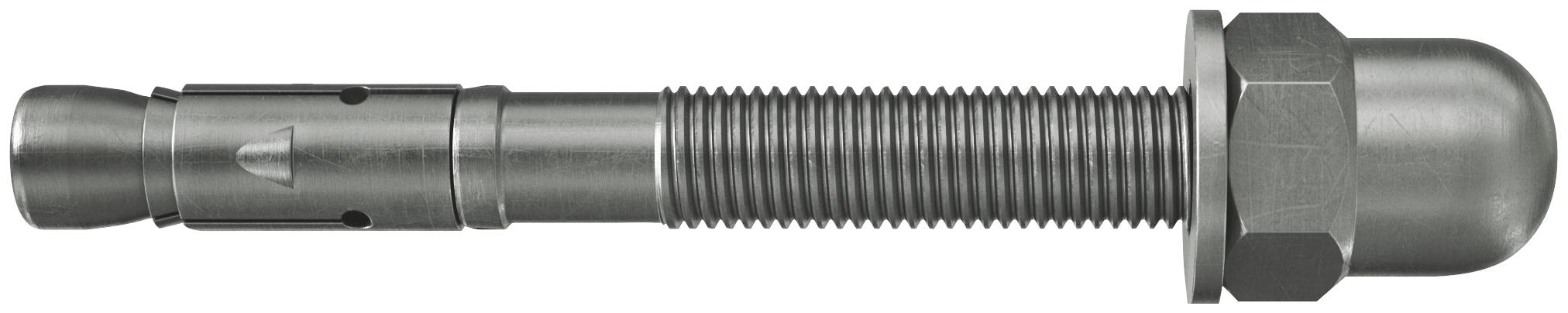 Attache métallique filetée avec un écrou hexagonal et une extrémité arrondie, présentée horizontalement sur un fond blanc.
