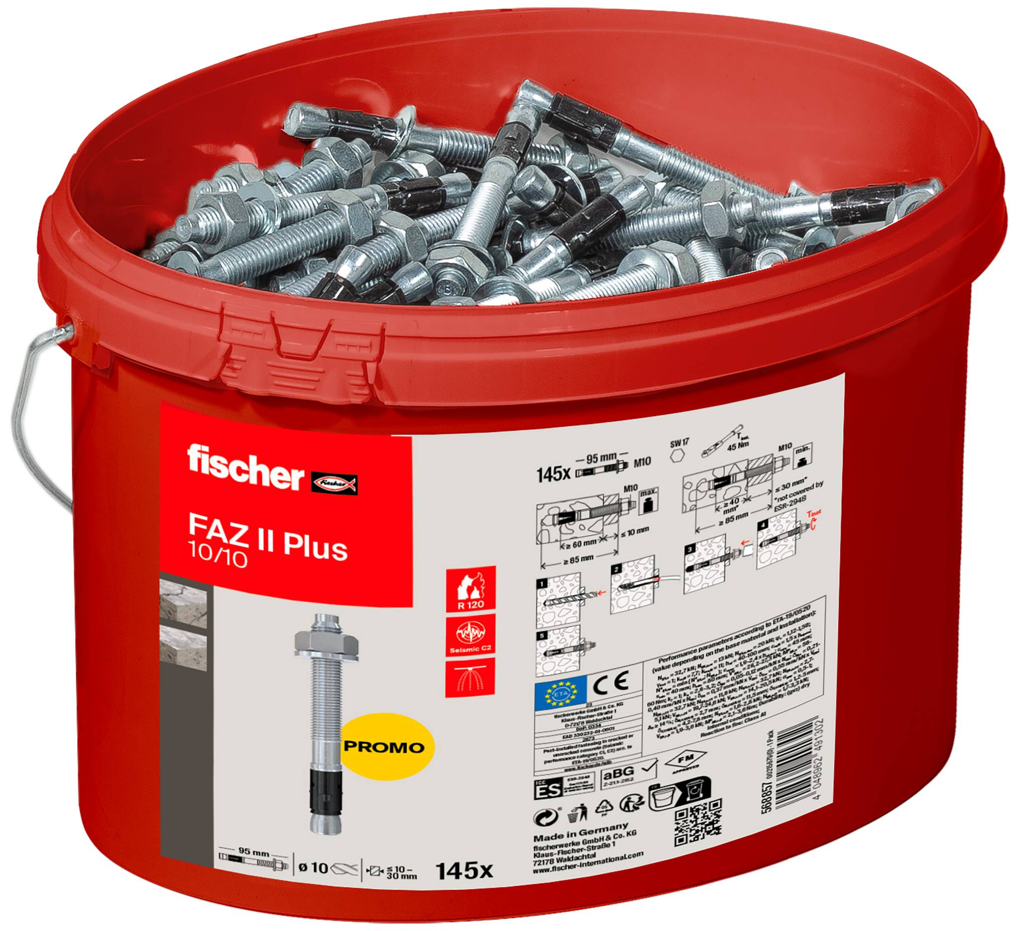 Un boulon d'ancrage est représenté à côté d'un conteneur rouge Fischer FAZ II Plus étiqueté pour une utilisation en construction.