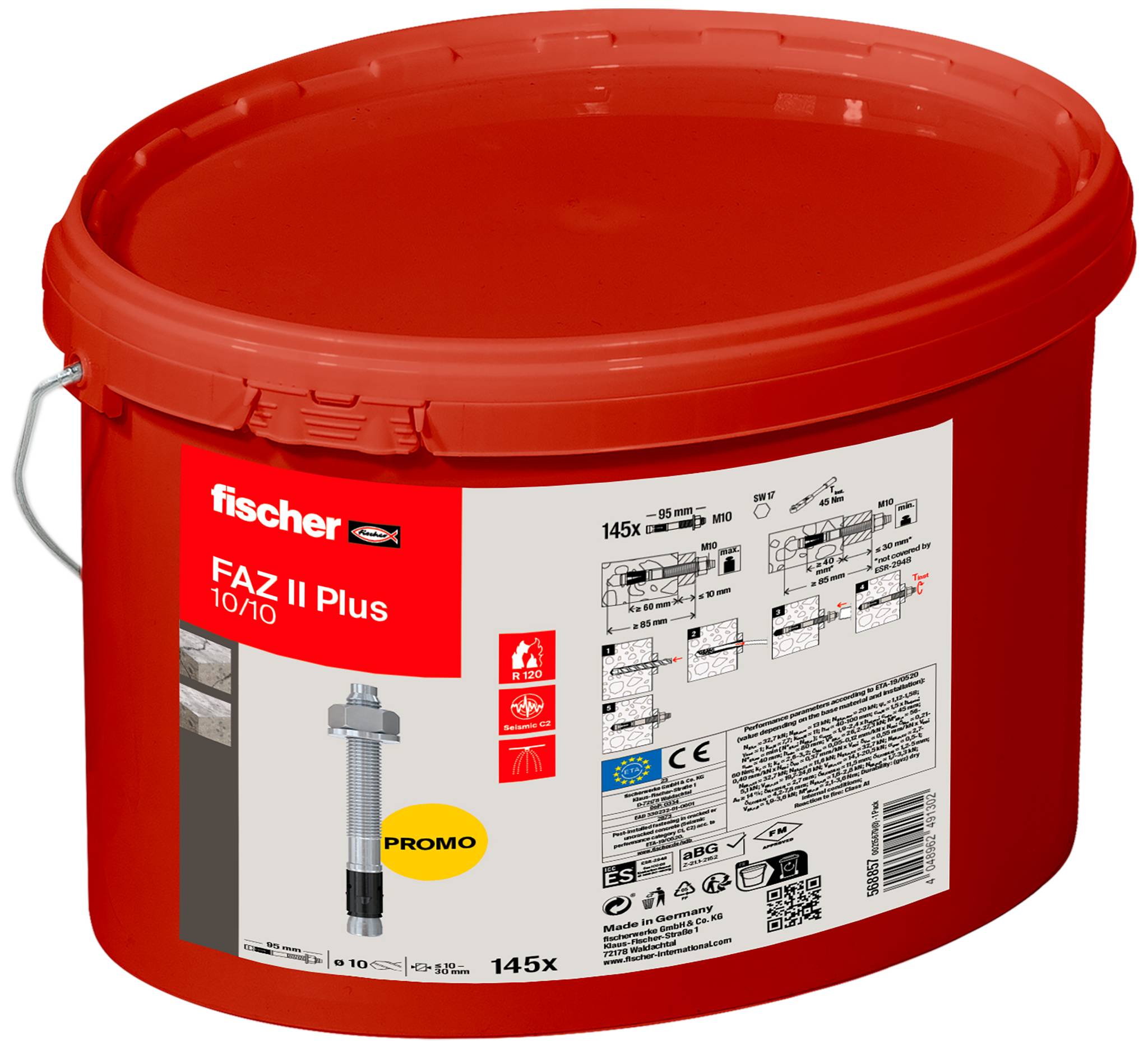 Seau rouge de boulons d'ancrage fischer FAZ II Plus 10/10 pour béton, étiqueté avec des informations promotionnelles et techniques, comprenant une quantité de 145 pièces.