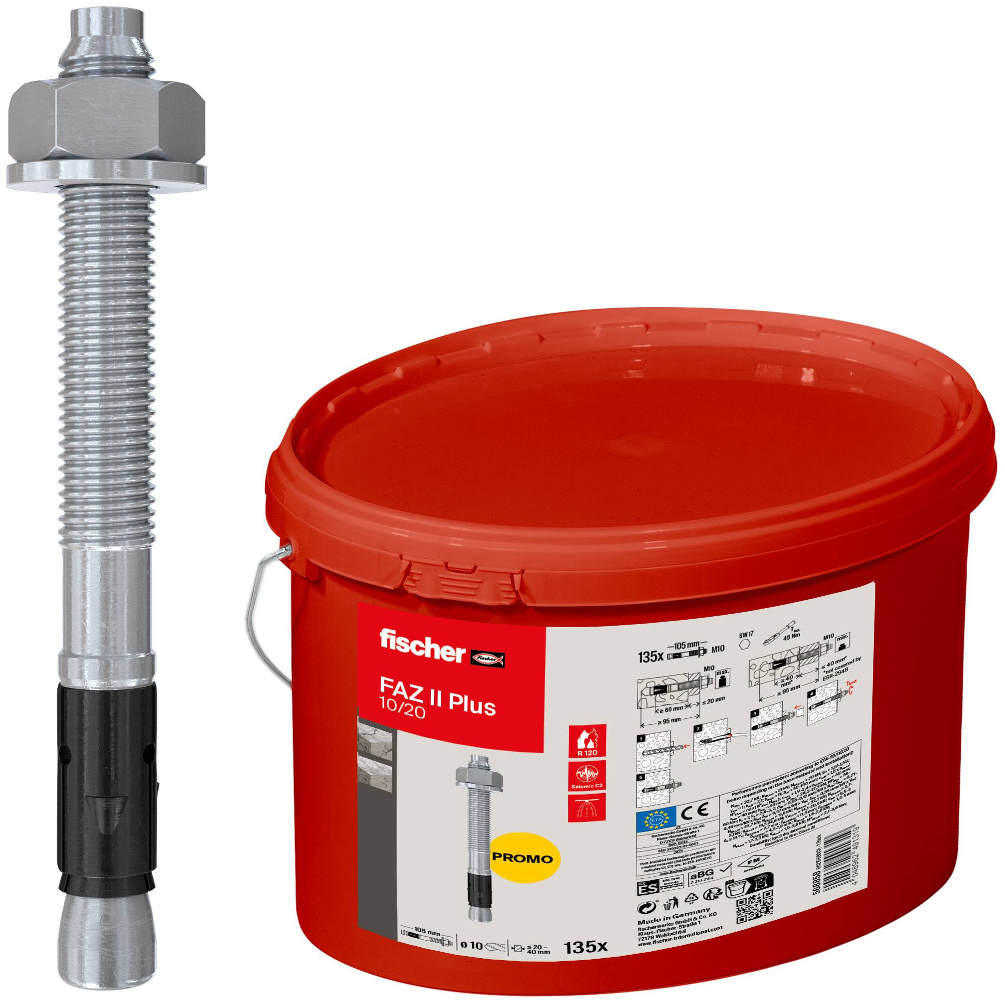 Seau d'ancrage Fischer FAZ II Plus 10/20 en plastique rouge avec étiquette d'instruction, montré à côté d'une cheville d'expansion en métal.