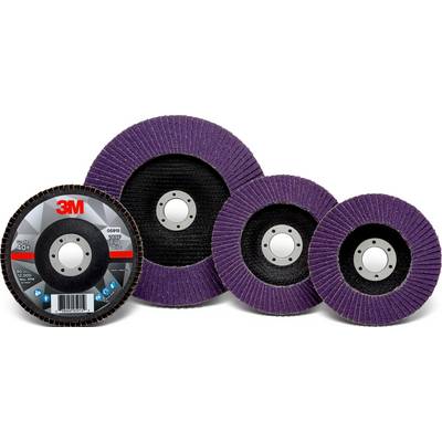 Trois disques abrasifs de différentes tailles, de grain violet, avec un noyau métallique visible. Le disque de gauche montre la marque et les détails.