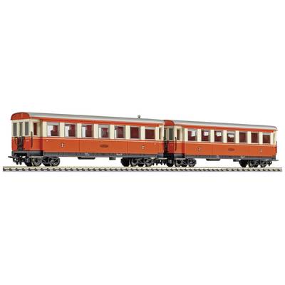 Deux wagons de chemin de fer rouges avec des fenêtres beiges sont garés sur une voie ferrée. Les wagons sont conçus dans un style classique.
