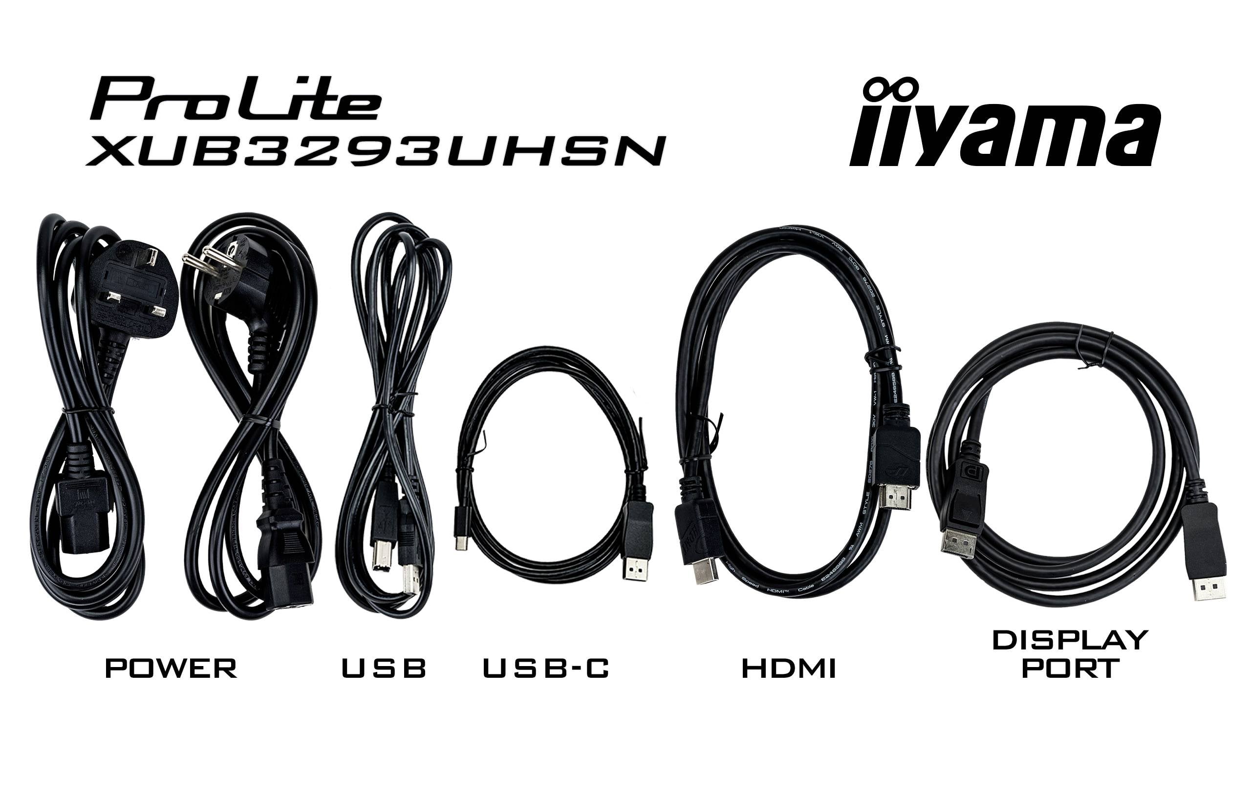 Câble d'alimentation et câbles de connexion pour 'iiyama ProLite XUB3293UHSN', comprenant les câbles d'alimentation, USB, USB-C, HDMI, DisplayPort.