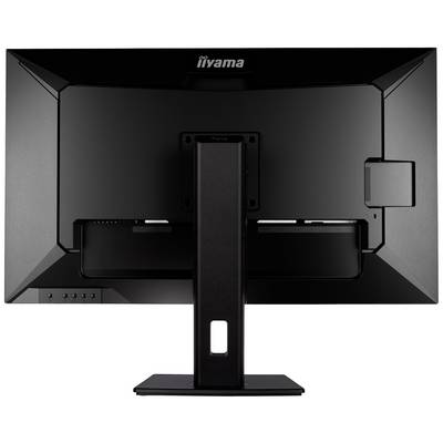 Un moniteur d'ordinateur noir vu de dos, monté sur un pied. En haut est inscrit 'Iiyama'. Le moniteur présente des formes nettes et anguleuses.