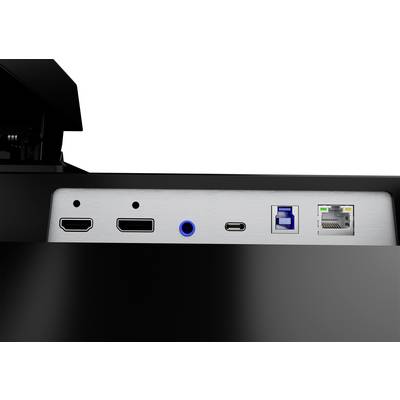 Le dos d'un moniteur présente des connexions : deux ports HDMI, une sortie audio, un port USB-C, un port USB et un port Ethernet.