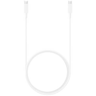 Un câble de charge blanc USB-C vers USB-C est visible sur un fond neutre.