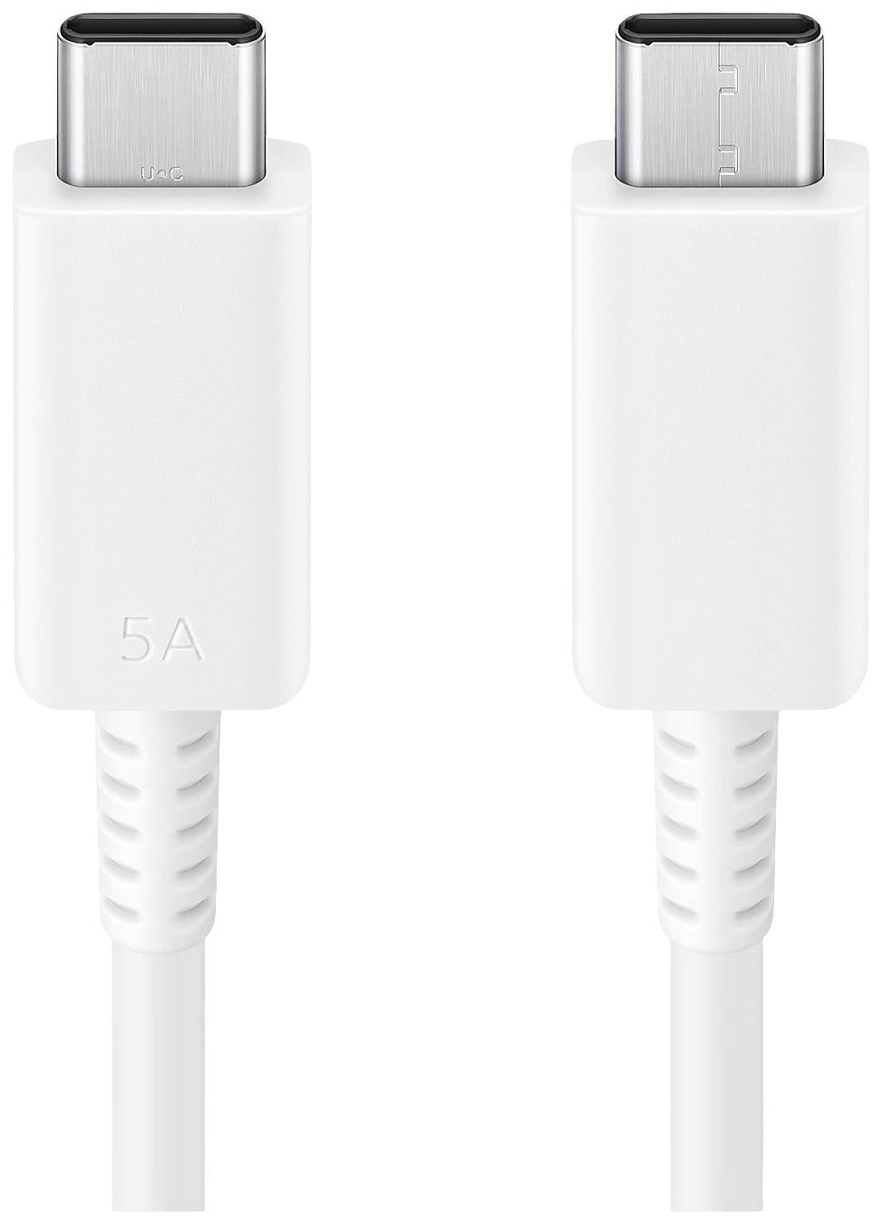 Deux câbles USB-C avec boîtier blanc et marquage 5A, adaptés pour une charge rapide et un transfert de données.