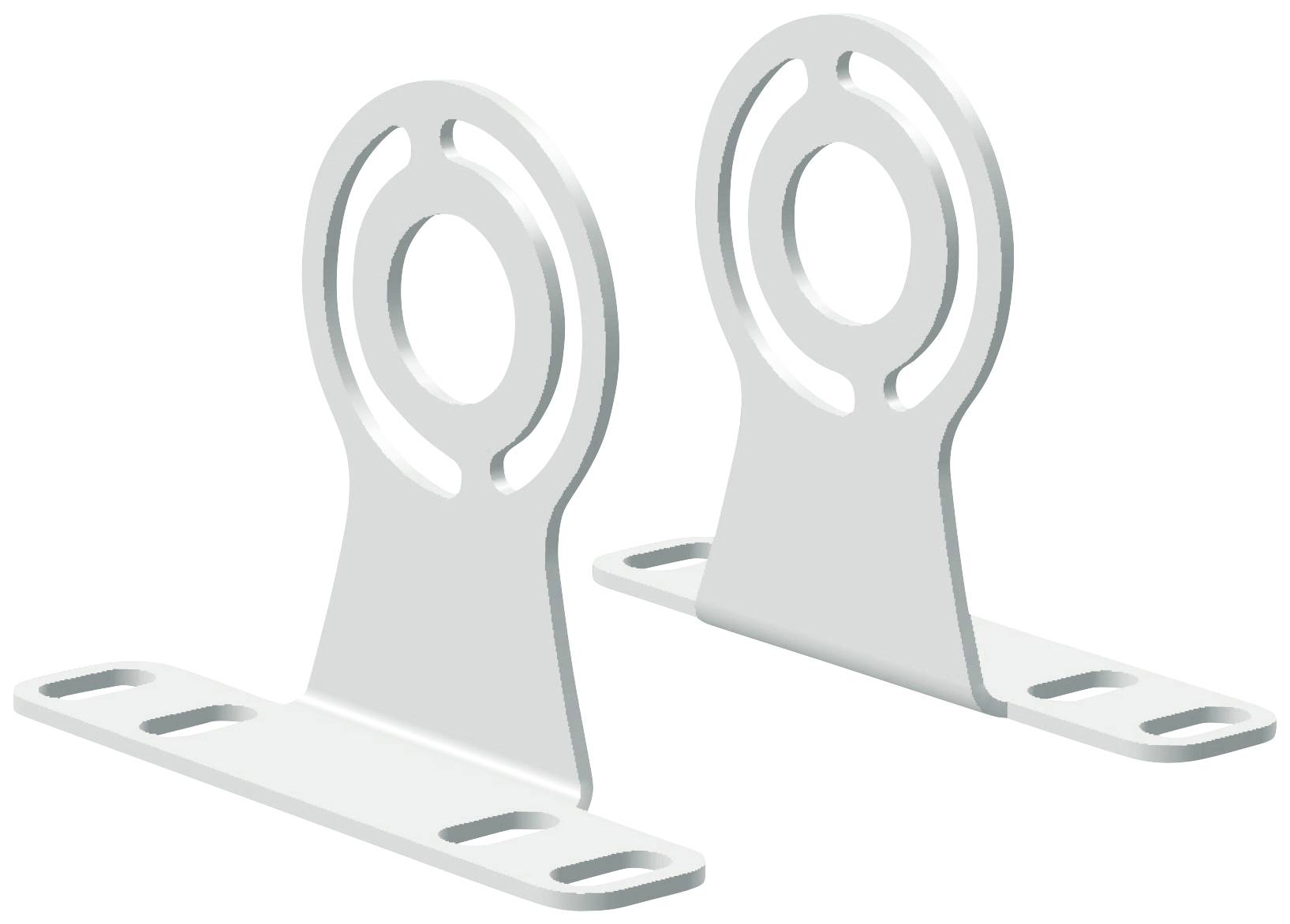 Équerres de montage en métal utilisées pour la fixation de structures. Elles disposent de trous arrondis et de bases rectangulaires.